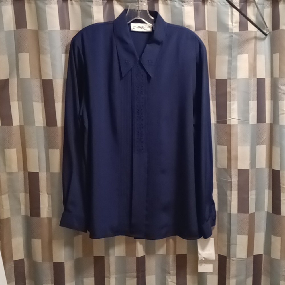 FINAL PRICE NWT Claudia Richard navy l/s blouse/ embroidered & stitched lapel 16